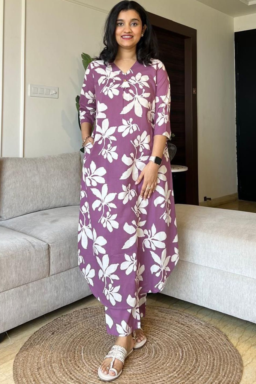 FLORAL PRINTED V NECK PURE COTTON TUNIC WITH TROUSERS CO-ORDS