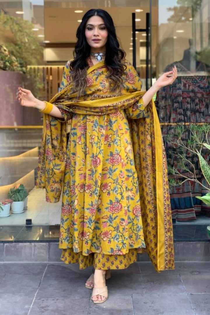A LINE COTTON FLORAL 3 PIECE SUITS WITH COTTON DUPPATA