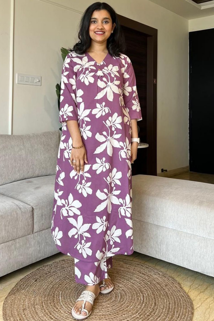 FLORAL PRINTED V NECK PURE COTTON TUNIC WITH TROUSERS CO-ORDS