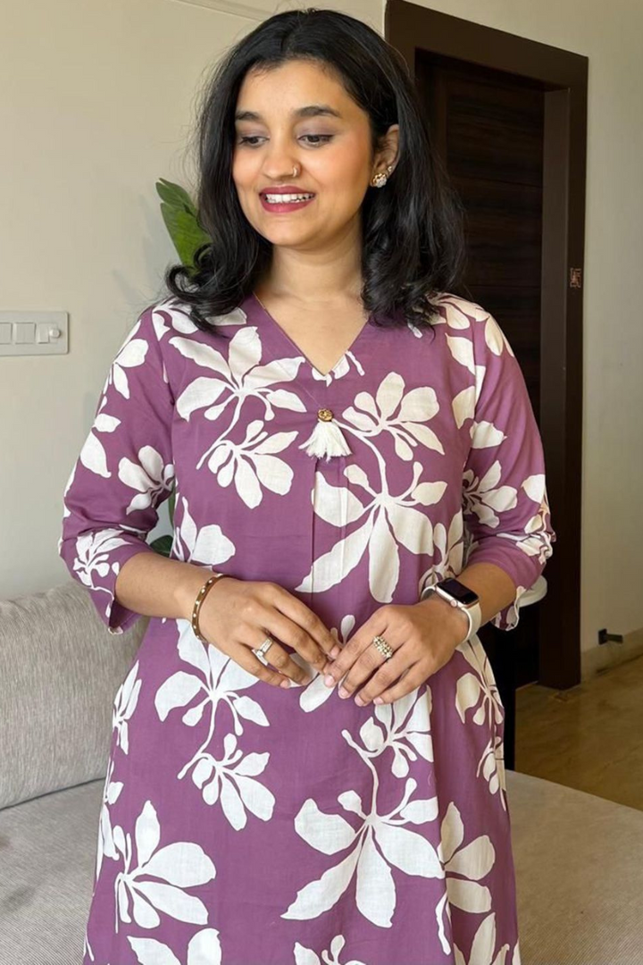 FLORAL PRINTED V NECK PURE COTTON TUNIC WITH TROUSERS CO-ORDS