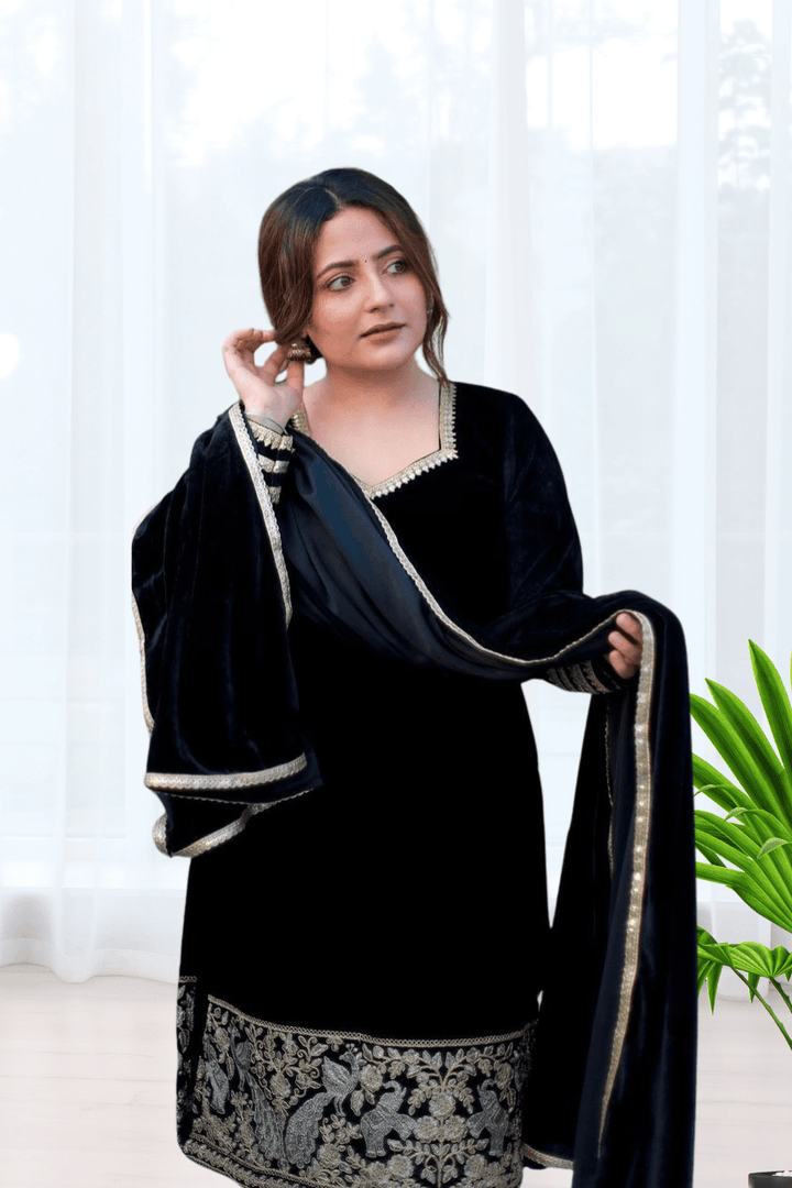BEAUTIFUL PREMIUM VALVET BLACK SUIT WITH EMROIDERY WORK