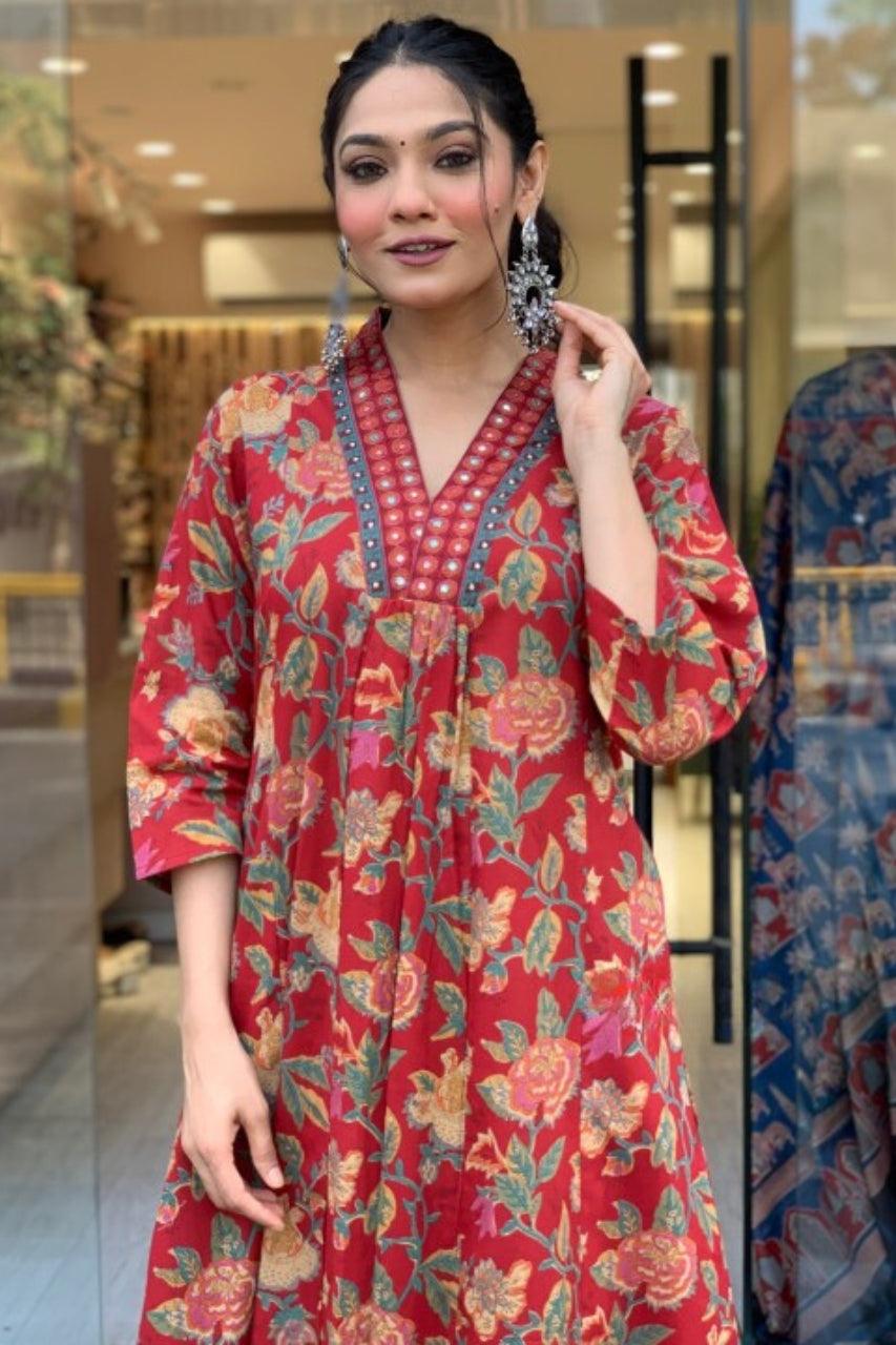 A LINE COTTON FLORAL 3 PIECE SUITS WITH COTTON DUPPATA