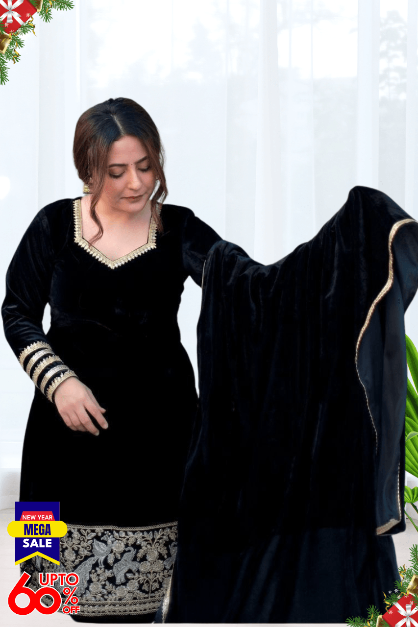 BEAUTIFUL PREMIUM VALVET BLACK SUIT WITH EMROIDERY WORK