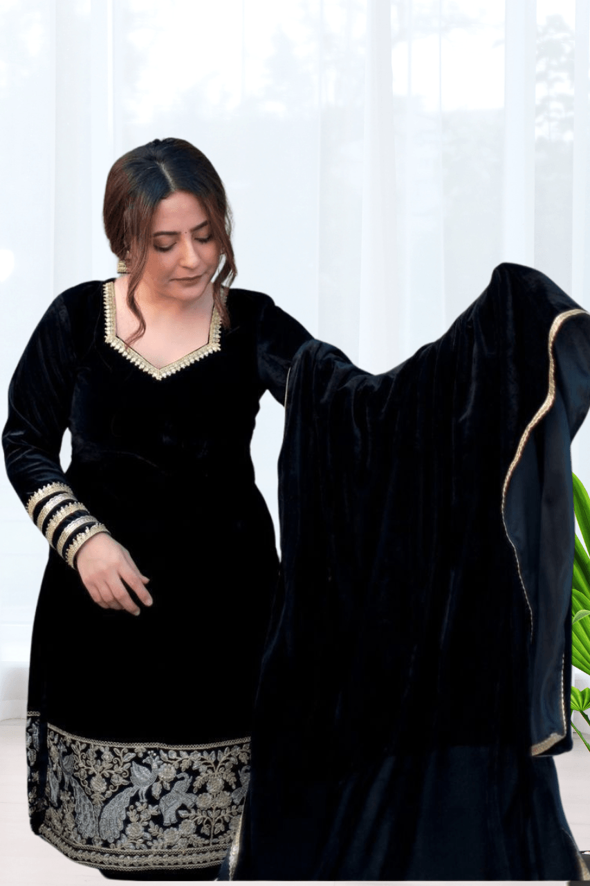 BEAUTIFUL PREMIUM VALVET BLACK SUIT WITH EMROIDERY WORK