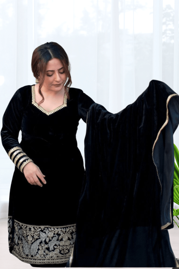 BEAUTIFUL PREMIUM VALVET BLACK SUIT WITH EMROIDERY WORK