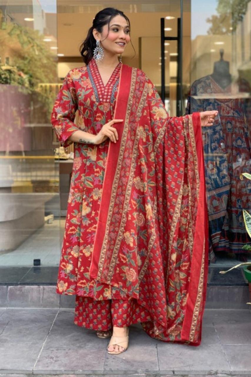 A LINE COTTON FLORAL 3 PIECE SUITS WITH COTTON DUPPATA