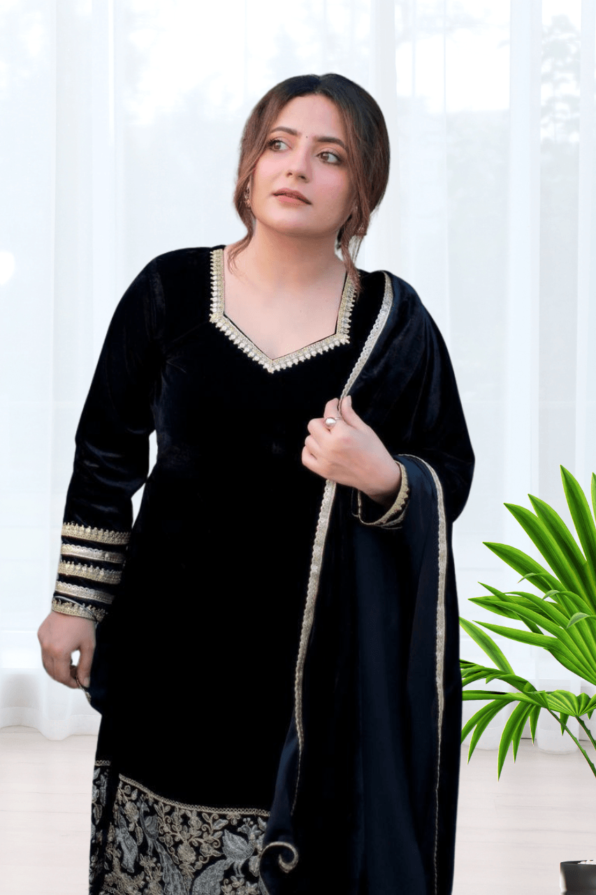 BEAUTIFUL PREMIUM VALVET BLACK SUIT WITH EMROIDERY WORK