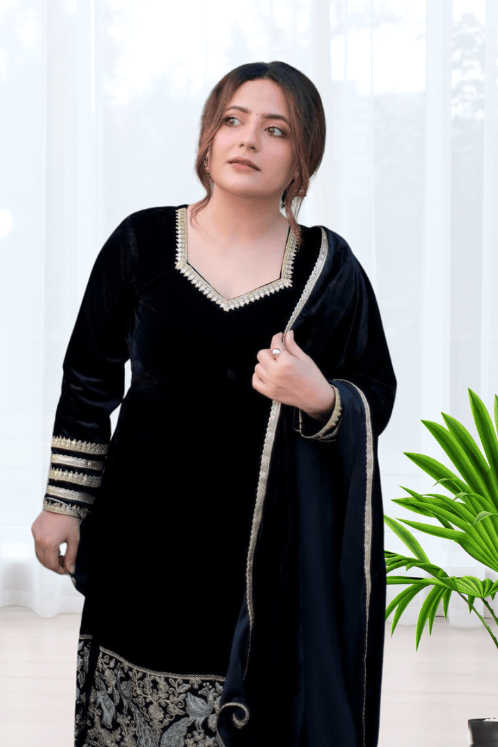 BEAUTIFUL PREMIUM VALVET BLACK SUIT WITH EMROIDERY WORK