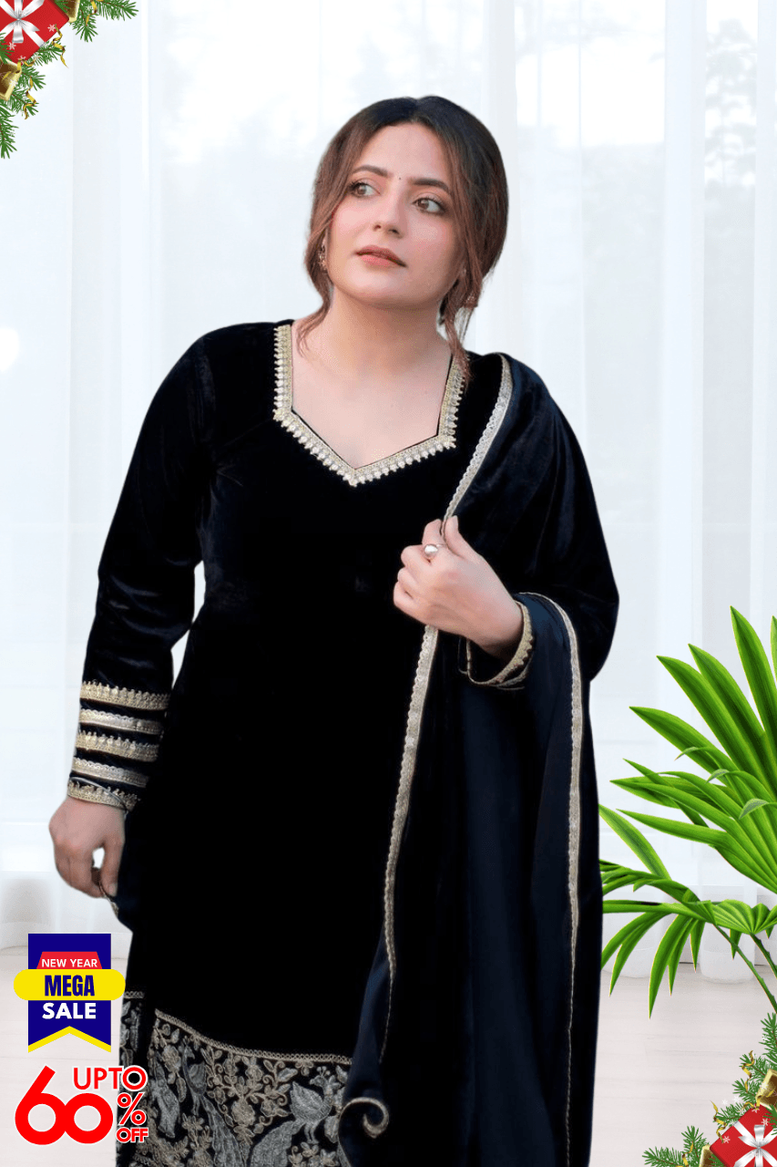BEAUTIFUL PREMIUM VALVET BLACK SUIT WITH EMROIDERY WORK