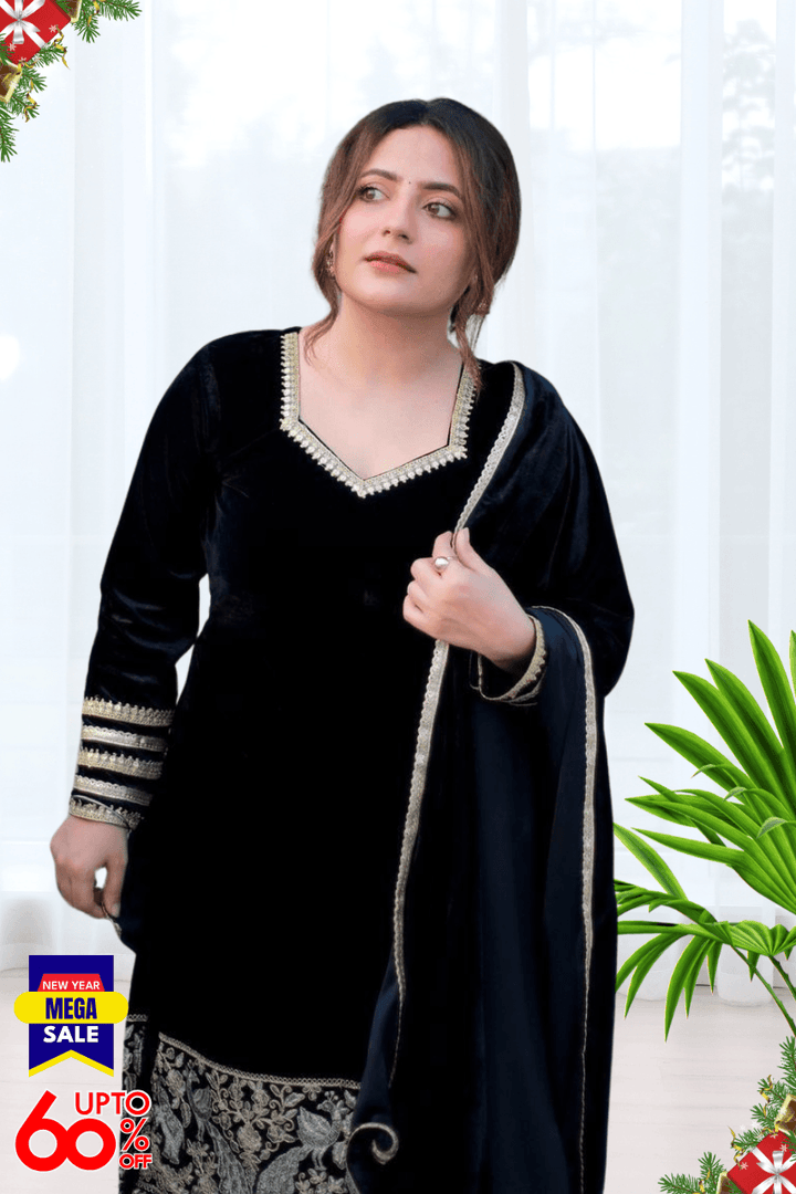 BEAUTIFUL PREMIUM VALVET BLACK SUIT WITH EMROIDERY WORK