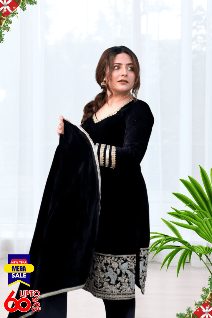 BEAUTIFUL PREMIUM VALVET BLACK SUIT WITH EMROIDERY WORK