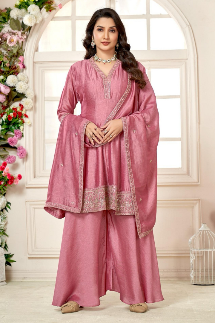 BEAUTIFUL 3 PIECE HEAVY VICHITRA SUIT WITH EMBROIDERED DUPATTA