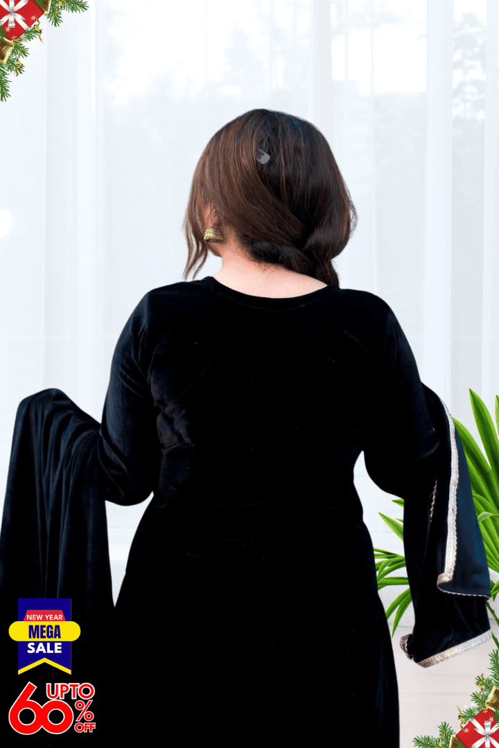 BEAUTIFUL PREMIUM VALVET BLACK SUIT WITH EMROIDERY WORK