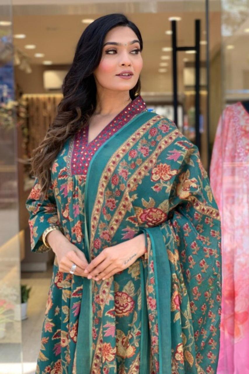 A LINE COTTON FLORAL 3 PIECE SUITS WITH COTTON DUPPATA