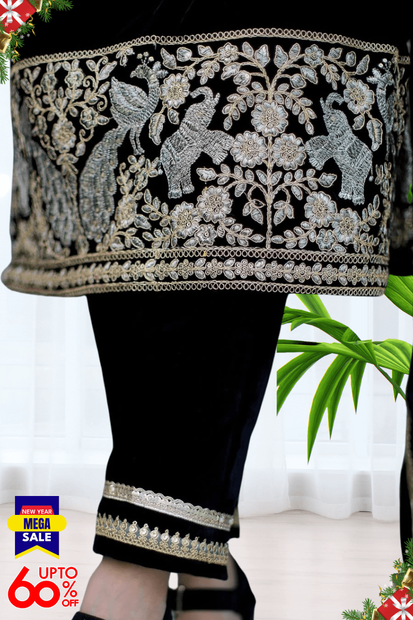 BEAUTIFUL PREMIUM VALVET BLACK SUIT WITH EMROIDERY WORK