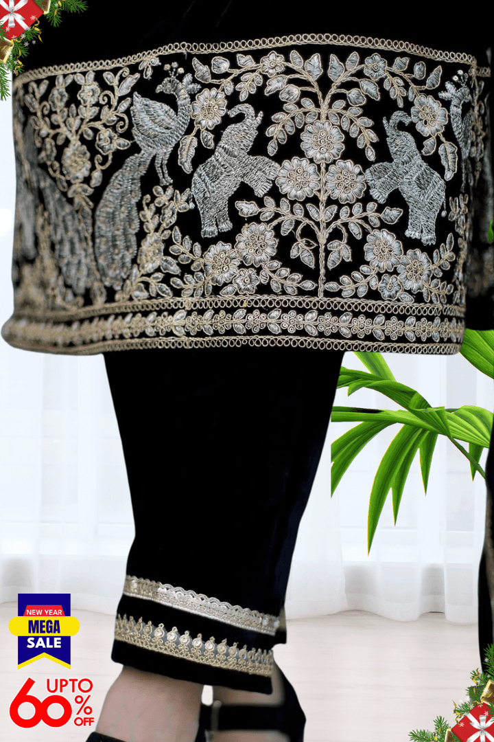 BEAUTIFUL PREMIUM VALVET BLACK SUIT WITH EMROIDERY WORK