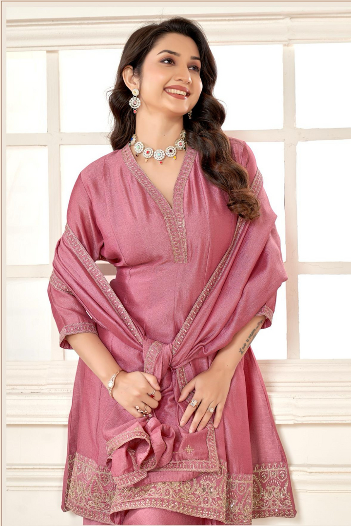BEAUTIFUL 3 PIECE HEAVY VICHITRA SUIT WITH EMBROIDERED DUPATTA