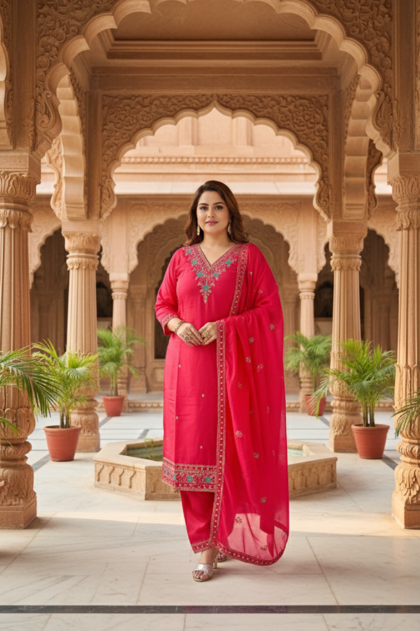 Royal Rose – Beautiful Heavy Roman Silk Shimmer Suit with Handwork & Soft Dupatta Ensemble