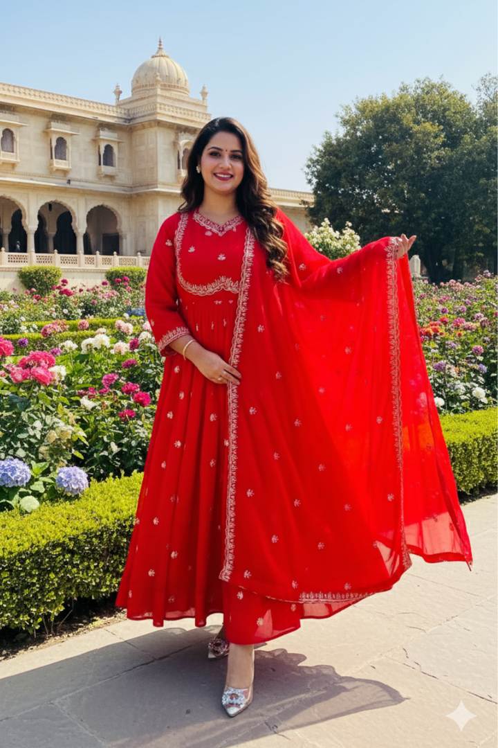 Foux Gorgette Anarkali - Available in 5 Beautiful Colors Red Orange Purple Pink Black