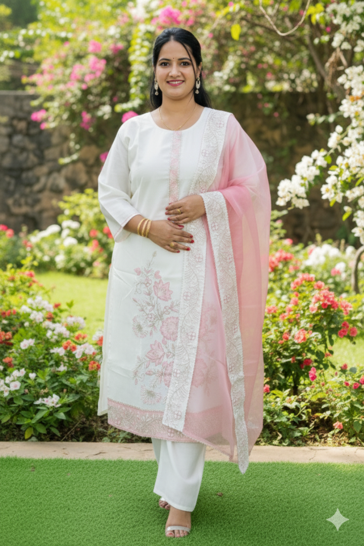 Beautiful White Suit with Delicate Pink Embroidery – Perfect for Festive & Special Occasions