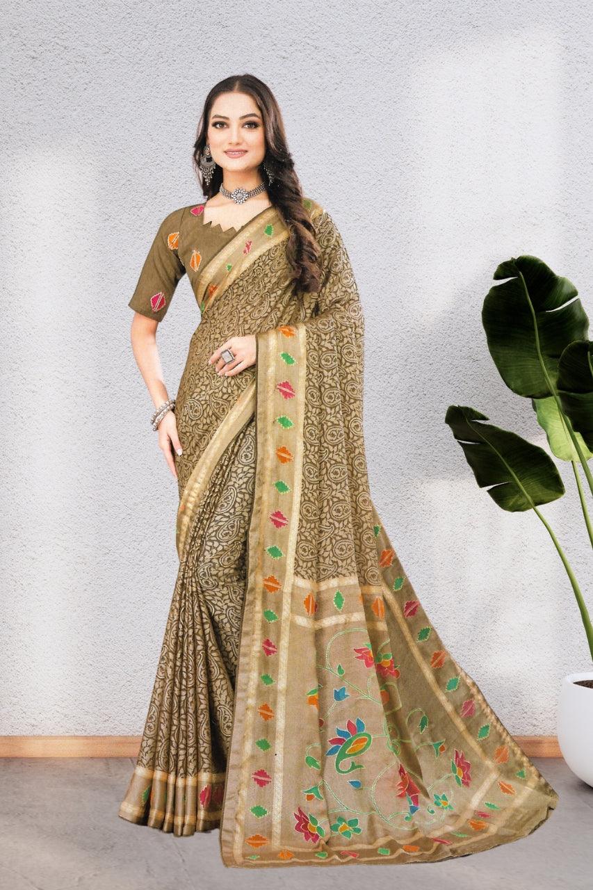 COTTON SAREE WITH BEAUTIFUL AND NECK DESIGNED BLOUSE, 8 BEAUTIFUL COLORS