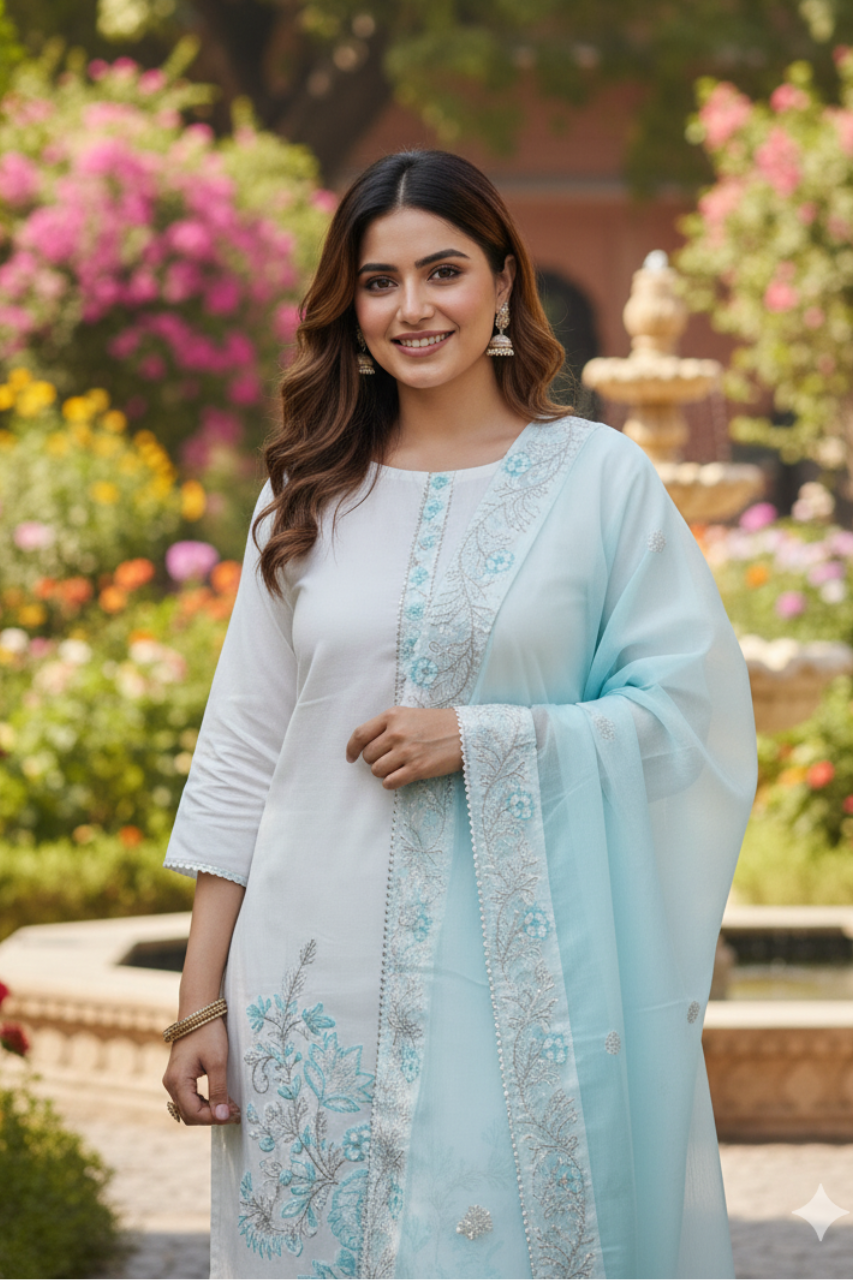 Elegant White & Sky Blue Embroidered Beautiful Suit with Delicate Detailing and Soft Dupatta