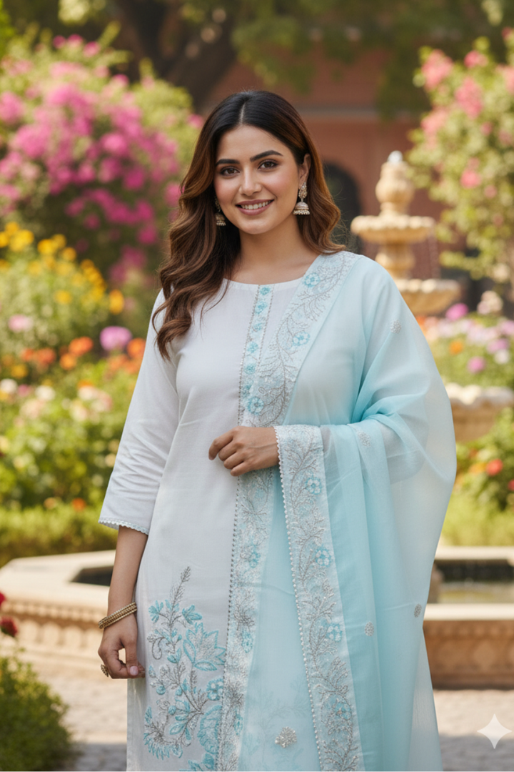 Elegant White & Sky Blue Embroidered Beautiful Suit with Delicate Detailing and Soft Dupatta