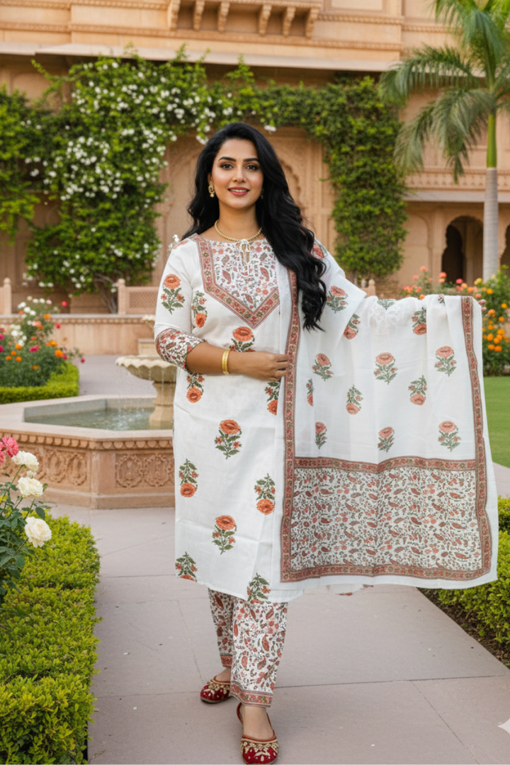 Block Print Cotton Kurta Set with Dupatta | Floral Print | White & Orange |           M L XL 2XL 3XL