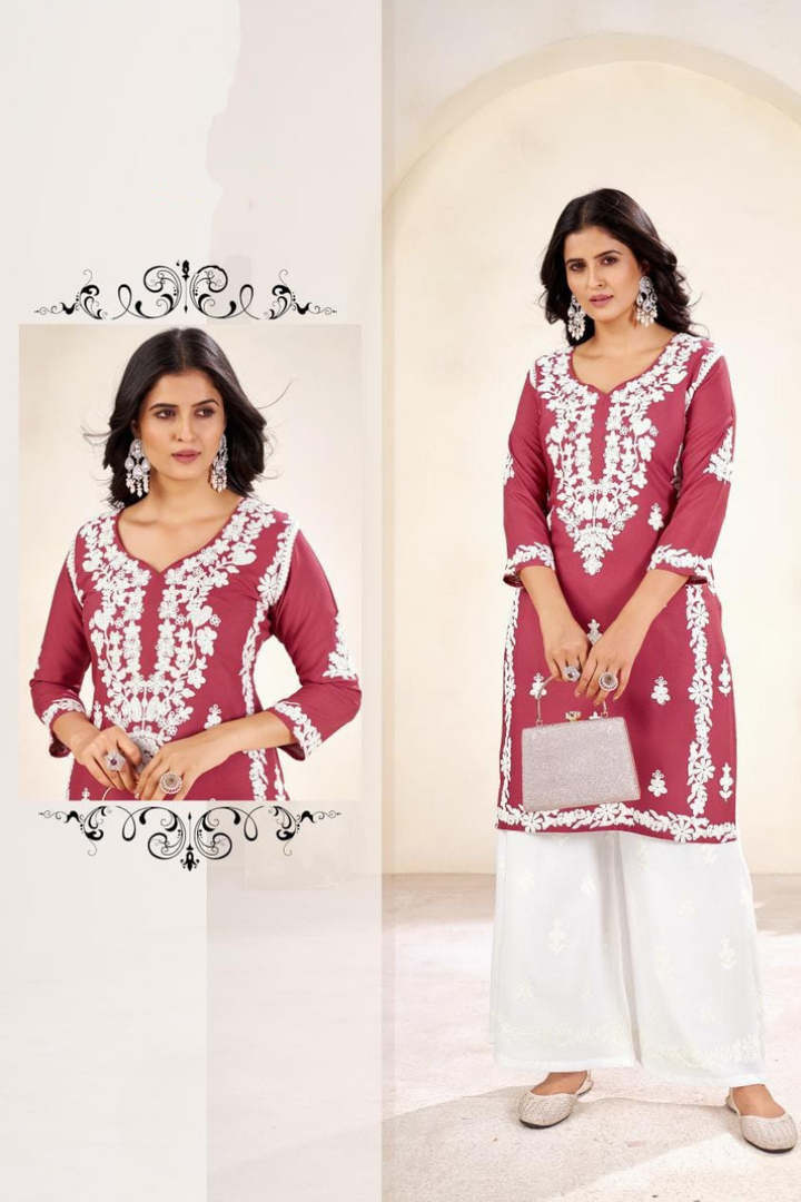 BEAUTIUL DESIGNER CHIKENKARI KURTA AND PLAZO SET FOR WOMEN