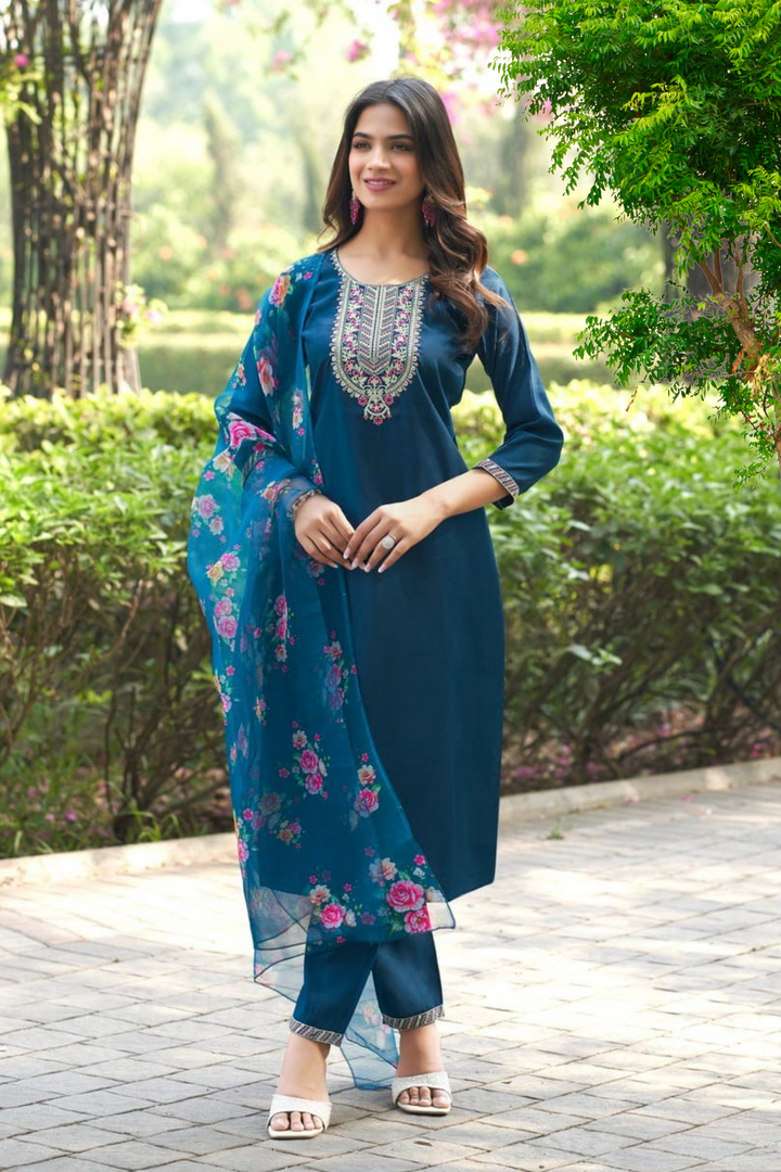 BEAUTIFUL ROMAN SILK SUIT– 8 COLORS WITH ORGANZA FLORAL DUPPATA