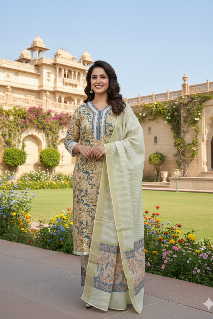 Elegant Block Print Cotton Kurta, Pant, & Dupatta Set | Festive & Daily Wear | M L XL 2XL