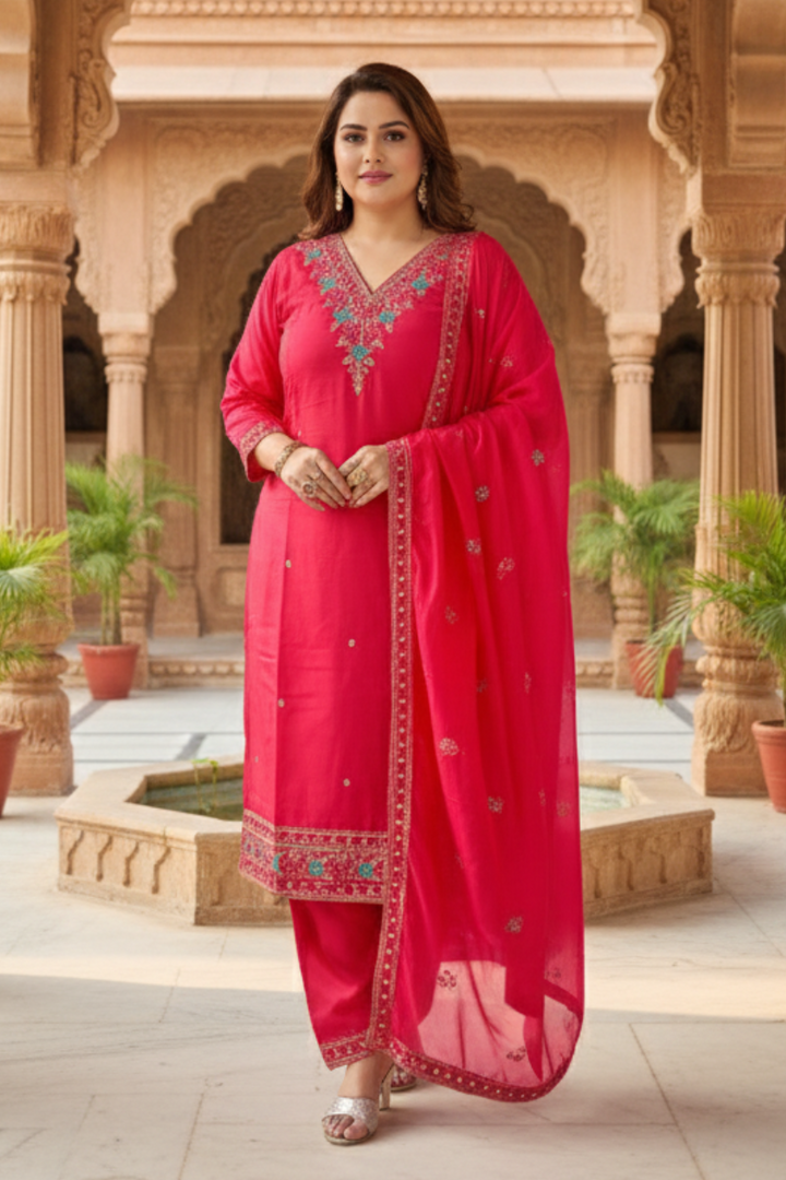 Royal Rose – Beautiful Heavy Roman Silk Shimmer Suit with Handwork & Soft Dupatta Ensemble