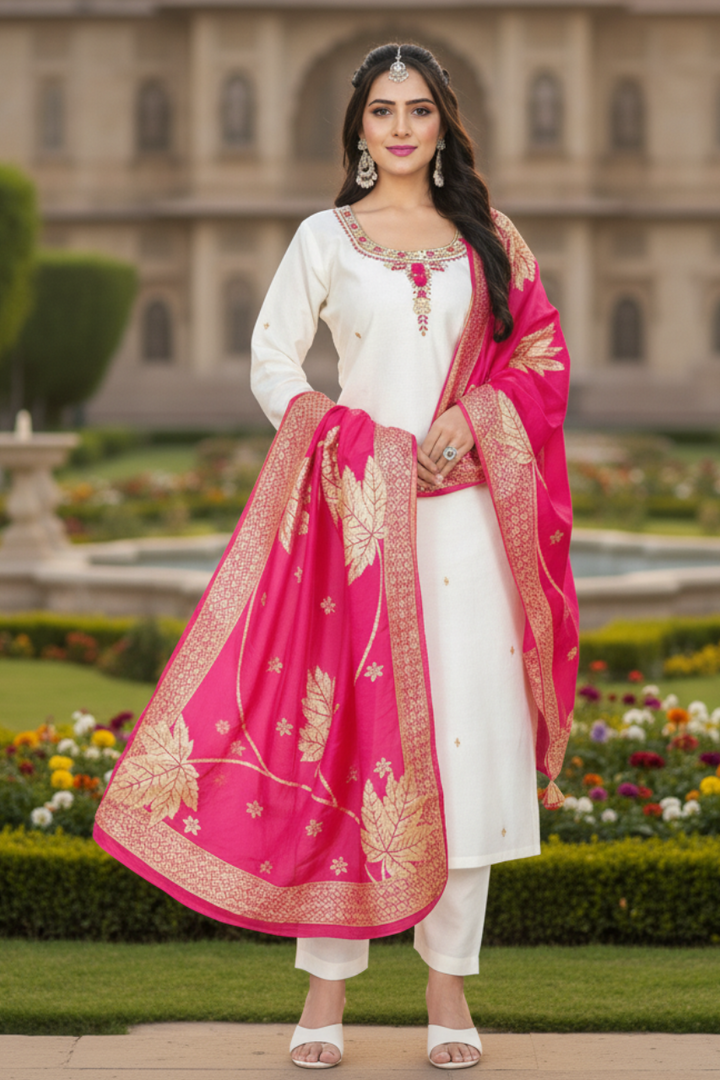 BEAUTIFUL & Elegant White Soft Premium Silk Suit with FLORAL Jacquard Dupatta - LINING ATTACHED