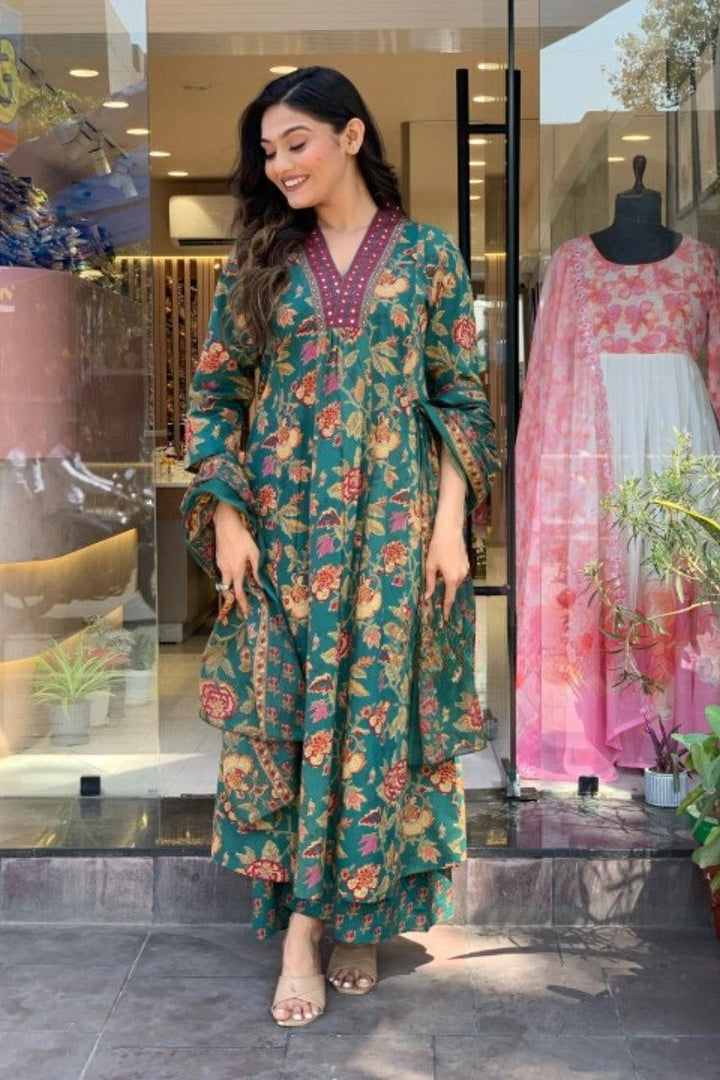 A LINE COTTON FLORAL 3 PIECE SUITS WITH COTTON DUPPATA