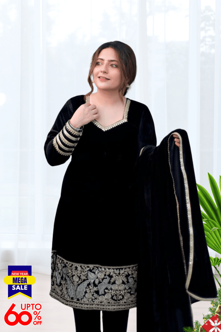 BEAUTIFUL PREMIUM VALVET BLACK SUIT WITH EMROIDERY WORK