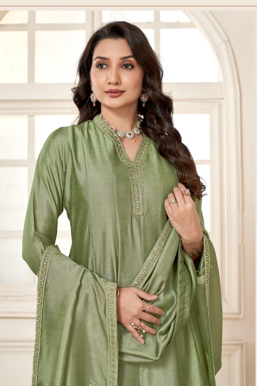 BEAUTIFUL 3 PIECE HEAVY VICHITRA SUIT WITH EMBROIDERED DUPATTA