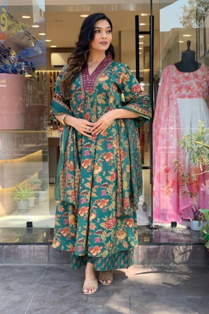 A LINE COTTON FLORAL 3 PIECE SUITS WITH COTTON DUPPATA