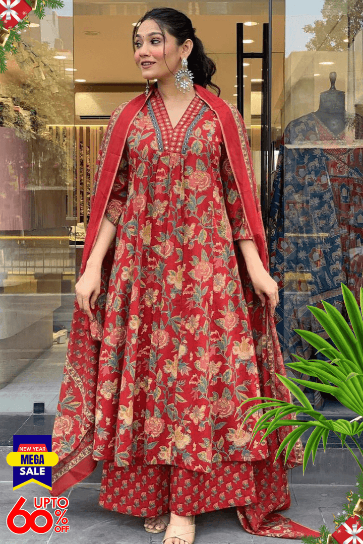 A LINE COTTON FLORAL 3 PIECE SUITS WITH COTTON DUPPATA