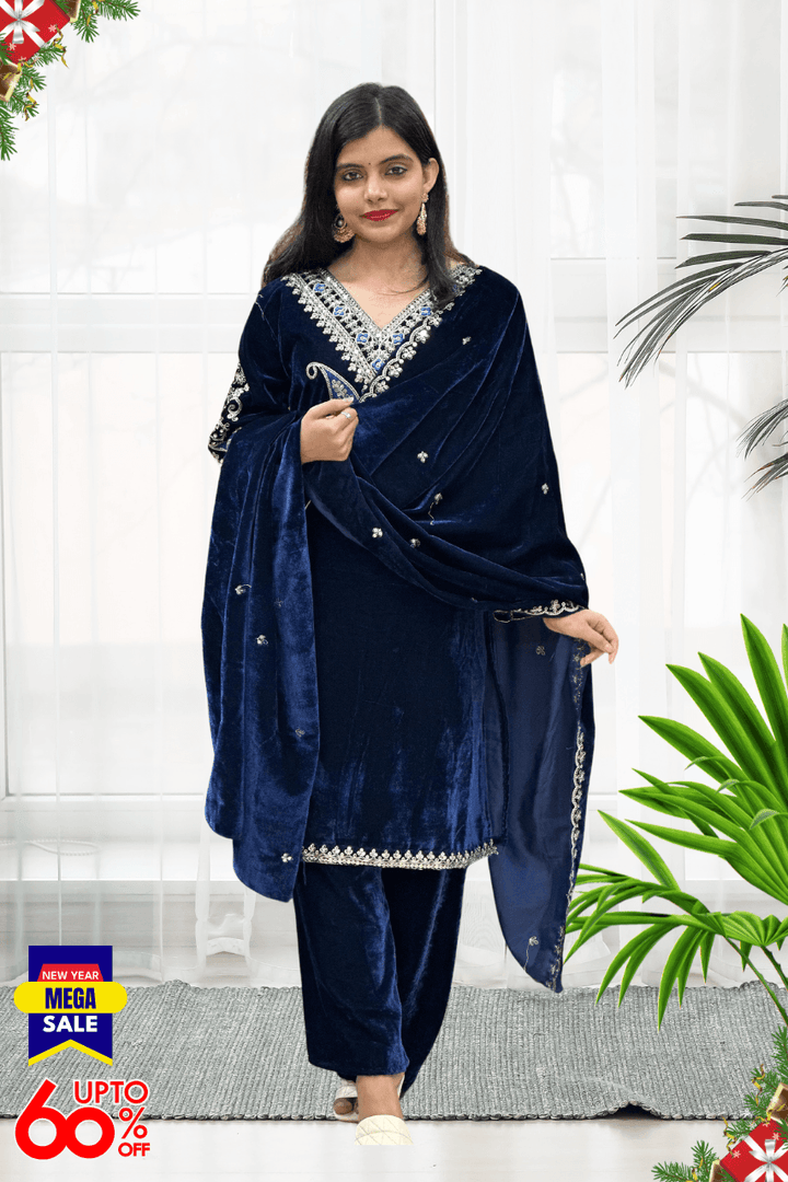 3 PIECE BEAUTIFUL VELVET SUIT WITH DIPATTA IN 2 COLORS