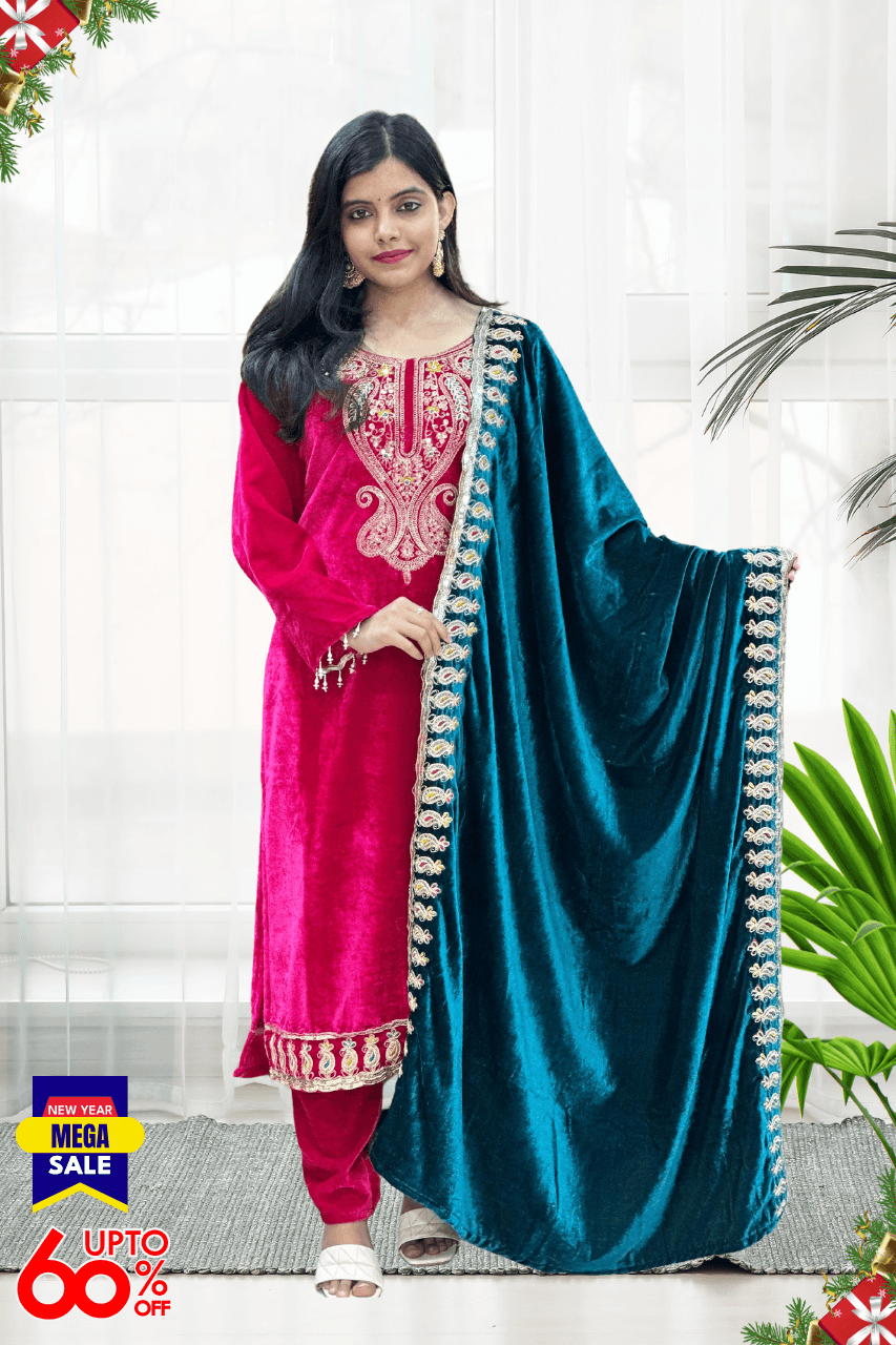 3 PIECE BEAUTIFUL VELVET SUIT WITH DIPATTA IN 2 COLORS