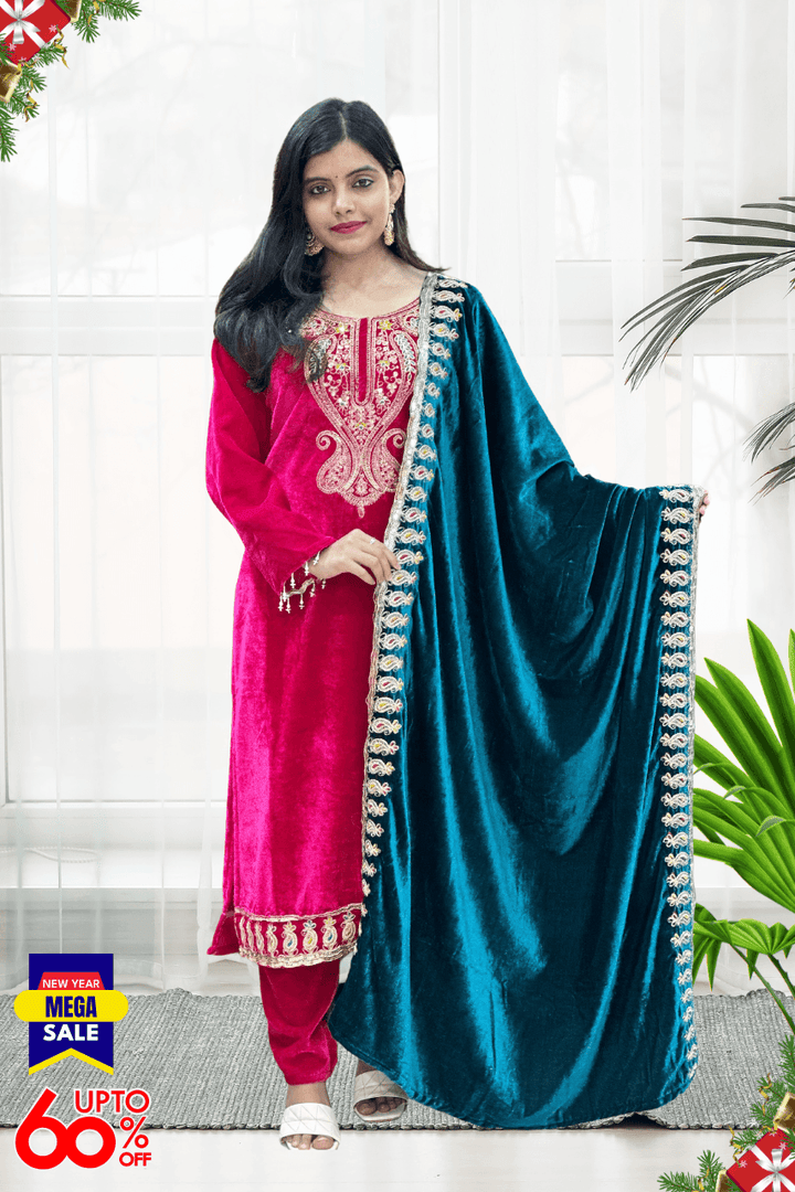 3 PIECE BEAUTIFUL VELVET SUIT WITH DIPATTA IN 2 COLORS