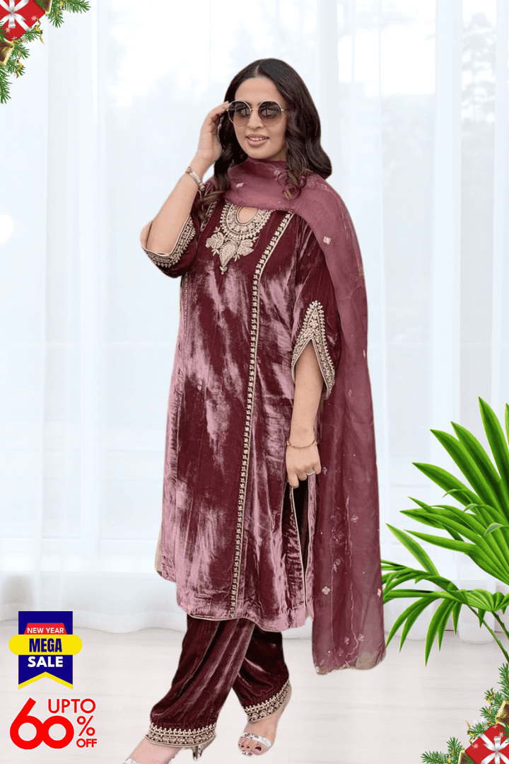 VELVET ONION PINK 3 PIECE EMROIDERY SUITE WITH DUPATTA