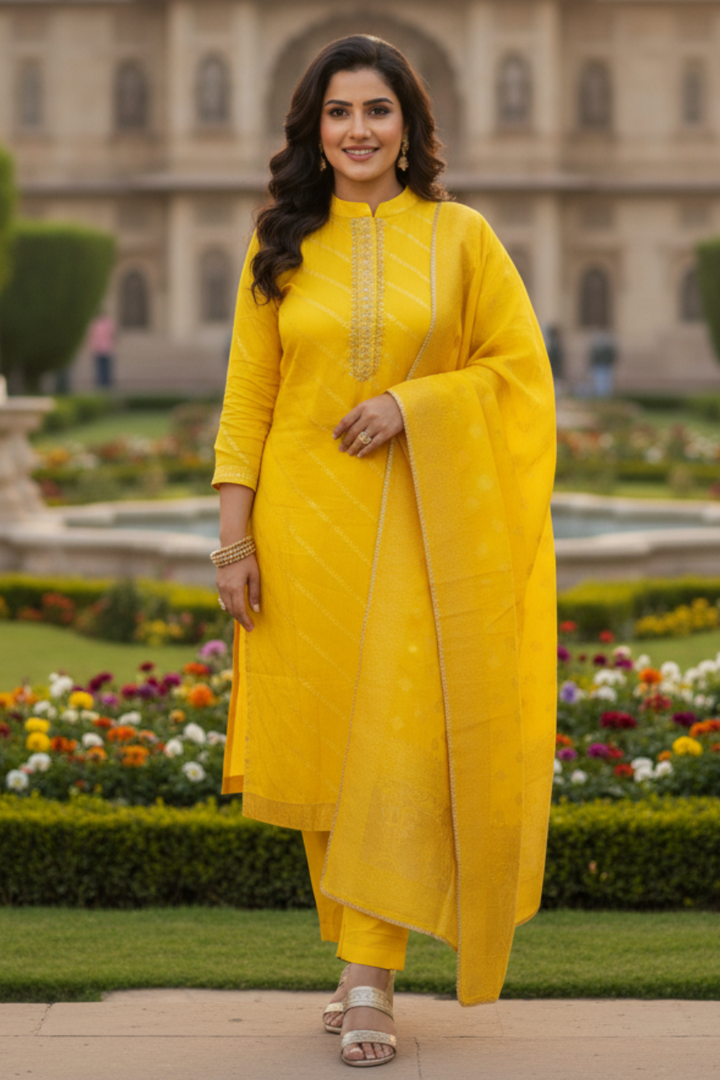 Beautiful Sunshine Mustered Yellow Silk Suit with Banarasi Dupatta - RAJA RANI LATKANS on SHIRT