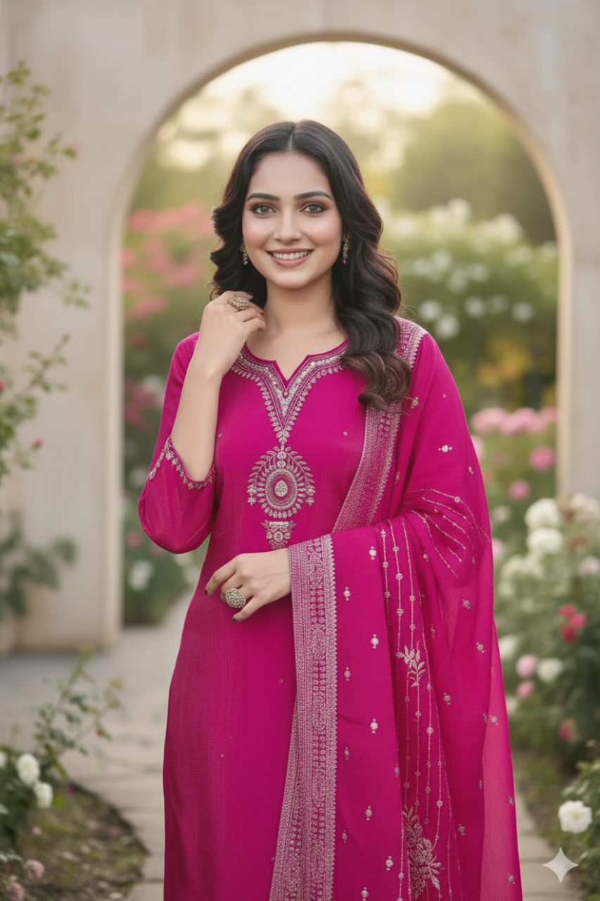 Magenta Majesty – Beautiful Roman Silk Shimmer Women Suit with Handwork & Jacquard Dupatta