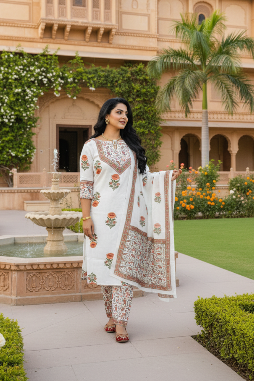 Block Print Cotton Kurta Set with Dupatta | Floral Print | White & Orange |           M L XL 2XL 3XL