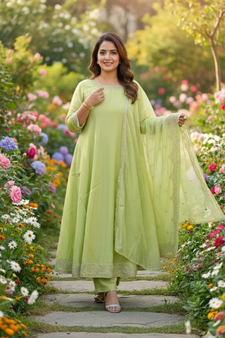 Beautiful and Elegant Lime Green Premium Silk Anarkali Women Suit with Embroidered Dupatta