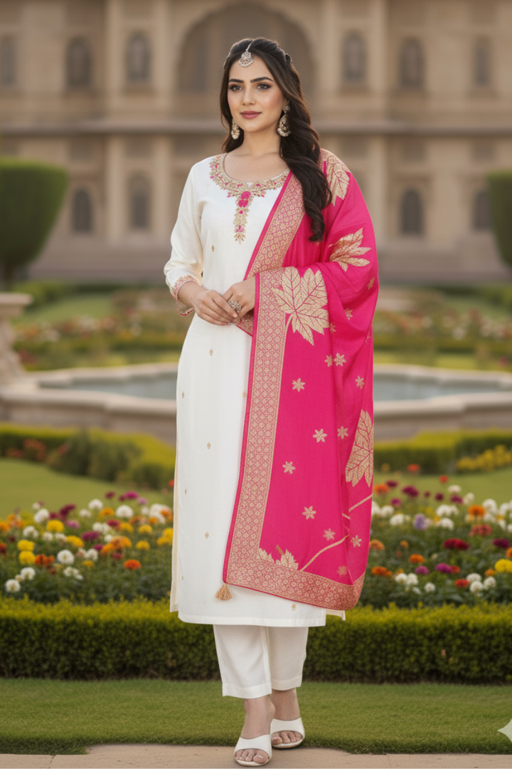 BEAUTIFUL & Elegant White Soft Premium Silk Suit with FLORAL Jacquard Dupatta - LINING ATTACHED