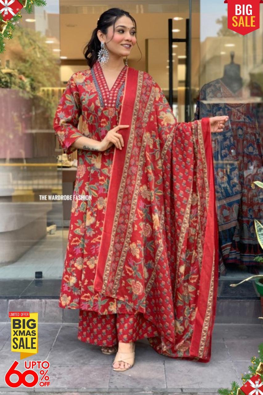 A LINE COTTON FLORAL 3 PIECE SUITS WITH COTTON DUPPATA