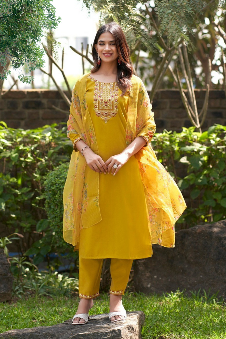 BEAUTIFUL ROMAN SILK SUIT– 8 COLORS WITH ORGANZA FLORAL DUPPATA