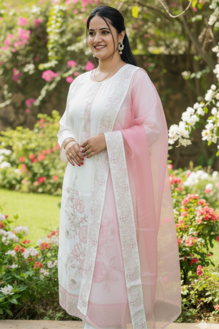 Beautiful White Suit with Delicate Pink Embroidery – Perfect for Festive & Special Occasions